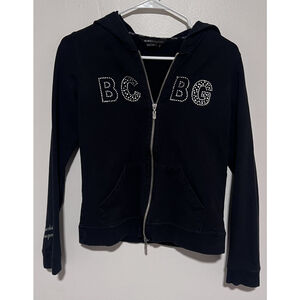 BCBG Max Azria Zip Jacket Womens Medium Black Silver Hoodie Rhinestone Y2K Bling